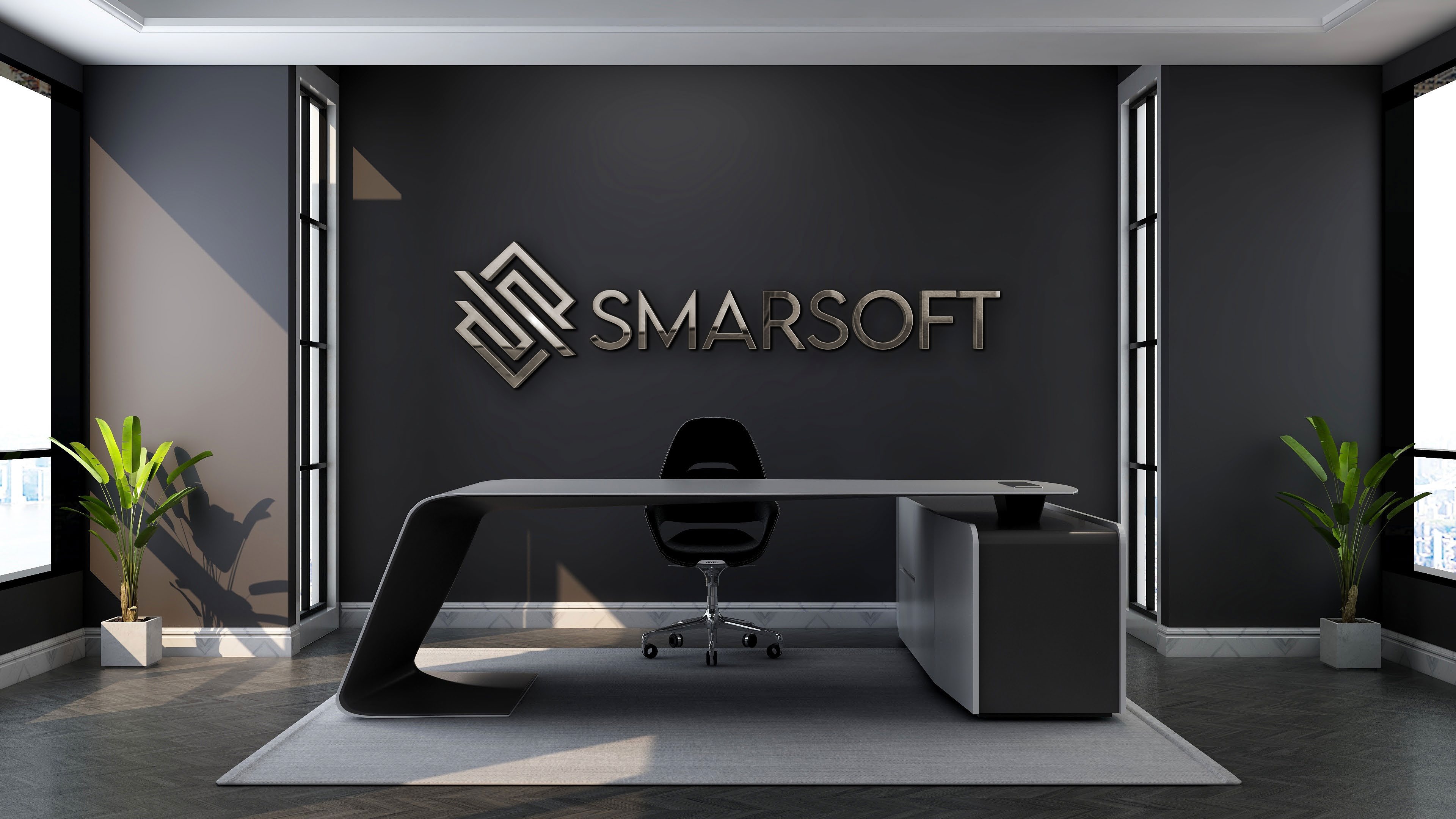 Aplicación principal del logotipo SmarSoFT en un espacio corporativo sobrio.